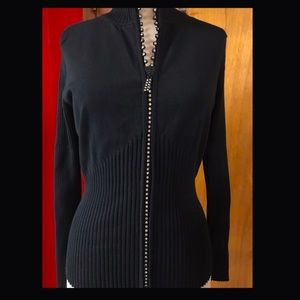 Black Belldini Ribbed Cardigan Bling Zipper Sz L